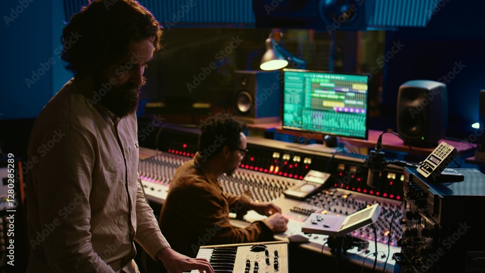Aufkleber Musician artist playing midi controller synthesizer in recording music studio, composing tracks on mixing console. Singer performing on piano electronic keyboard in control room. Camera B.