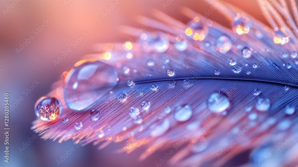 Poster close-up of a feather with water droplets, illuminated with warm light, showcasing delicate texture 