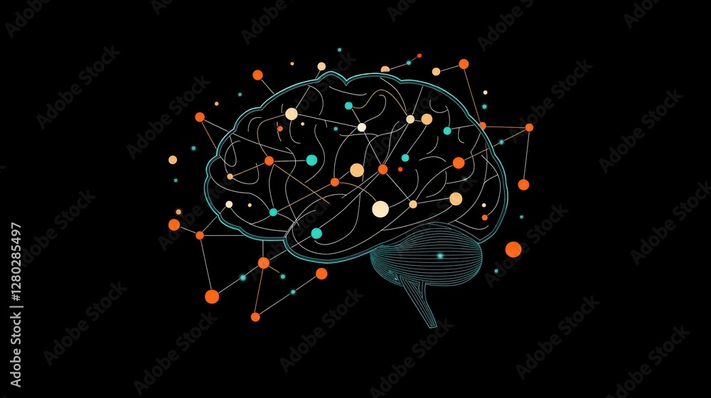 Poster glowing brain icon with interconnected nodes and data points, symbolizing the learning and analytica