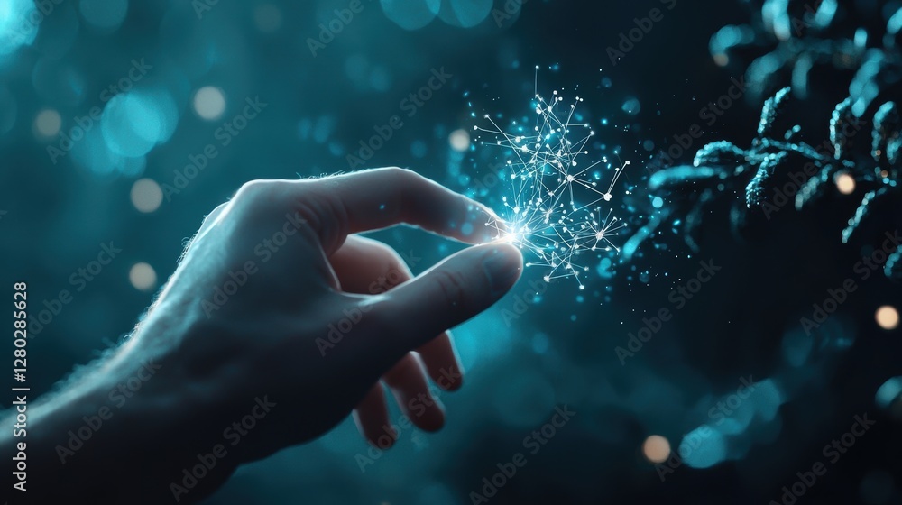 Poster human hand interacting with a holographic projection of a neural network, symbolizing the collaborat