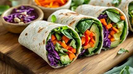 Vibrant Veggie Wraps on Rustic Wooden Platter with Fresh Ingredients Display