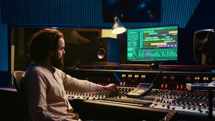 Tracking engineer used audio mixer in professional recording studio, adjusting volume levels while...