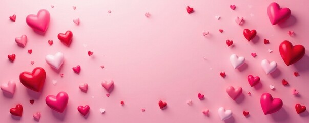 Scattered hearts, varying sizes and shades of red, pink, and white on a soft pink backdrop , romantic, celebration, heart shapes