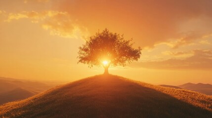 Naklejka premium A serene landscape of a single tree silhouetted at sunset, with golden light spreading across a wide-open field 