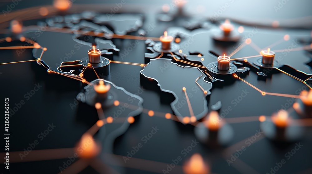 Poster world map with glowing lines connecting different locations, representing the global reach of social