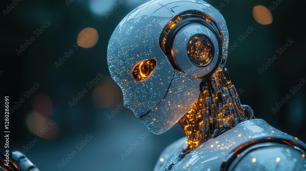Poster Close-up of a futuristic robot with glowing internal components, appearing thoughtful or pensive.