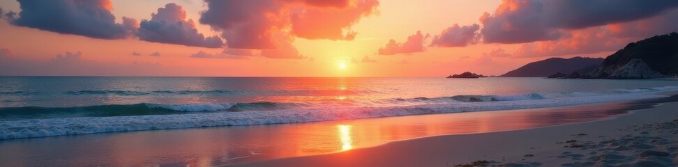 Sunset over calm ocean, soft sand, distant islands , island, beach sunset, landscape