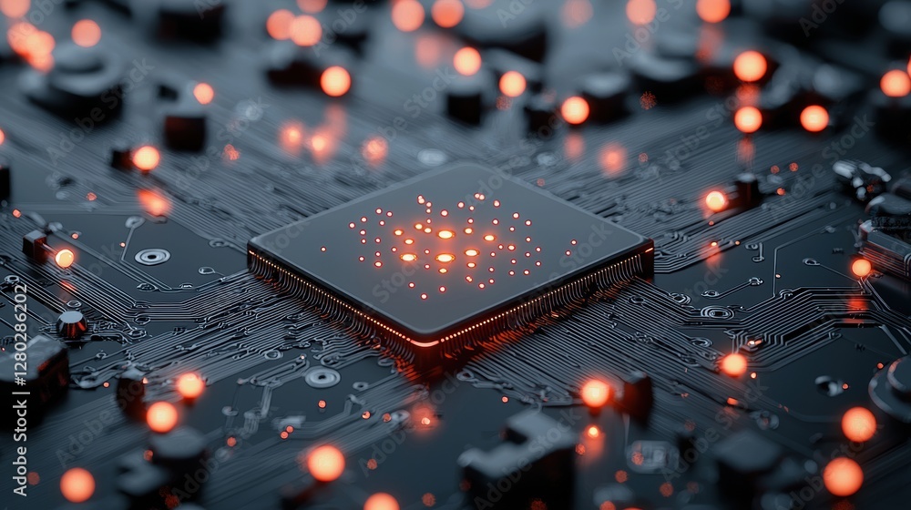 Poster close up shot of a quantum chip with intricate circuitry and glowing pathways, representing the hard