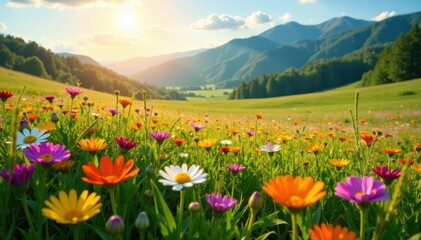 Vibrant wildflowers carpet sun-drenched meadow Aerial view , sunshine, meadow, floral