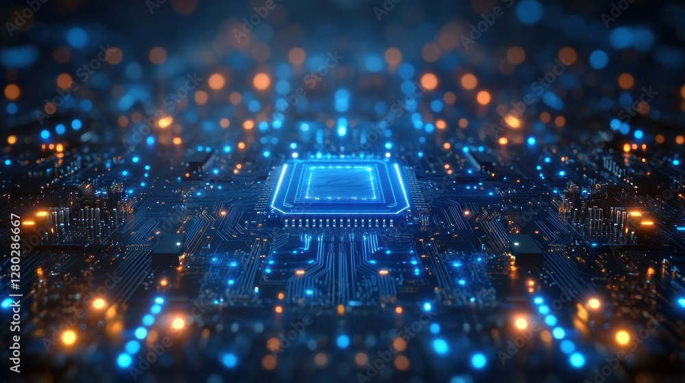 Poster close-up of a glowing blue circuit board with a central processor.