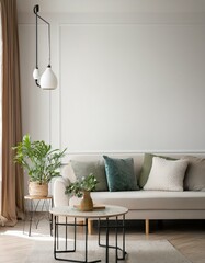 Modern cozy living room design, bright wall mockup, empty wall background. Generated image