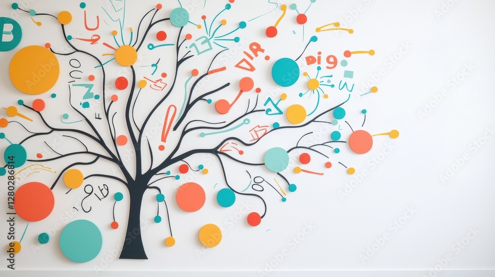 Poster a large whiteboard filled with a colorful and detailed mind map, radiating out from a central concep