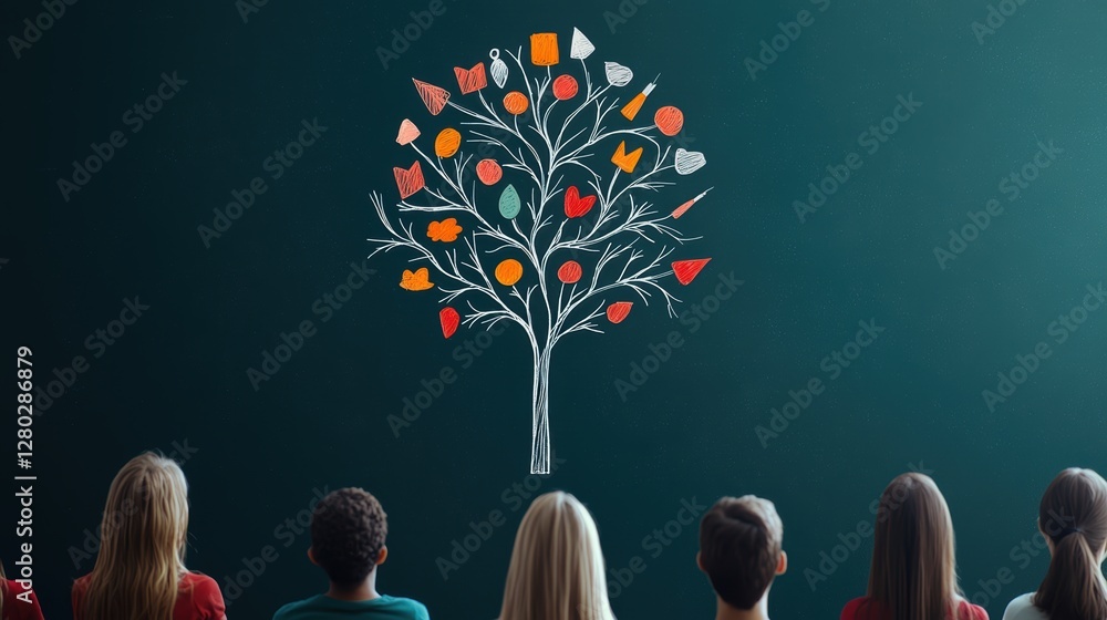 Poster a mind map drawn on a blackboard in a classroom setting, with students gathered around, brainstormin