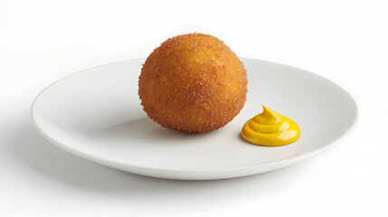 Single Dutch Bitterballen on a Plate with a Small Swirl of Yellow Mustard Sauce