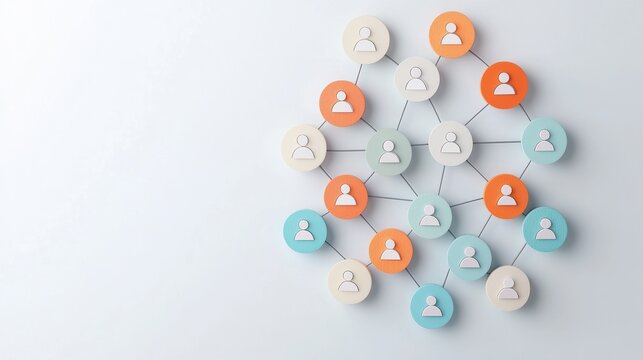 A circular organizational chart emphasizing a collaborative and team based approach, with individuals represented by photos and names arranged around a central hub, promoting a sense of unity and