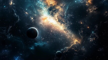 Obraz premium A space scene with a planet and two other planets in the background. The planets are small and the background is filled with stars and space