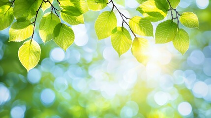 Bright Green Leaves on Branch Sunlight Bokeh Background
