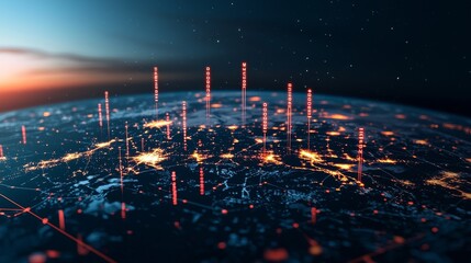 Global connectivity visualization earth digital art night aerial perspective technology