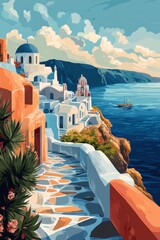 Obraz premium Stunning coastal view of Santorini with traditional architecture, colorful pathways, and boats on the azure sea during a bright afternoon