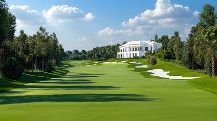 Fototapeta premium Luxurious golf course clubhouse; sunny day, green fairways, background trees