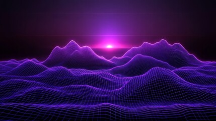 Cybernetic purple mountains futuristic landscape artificial intelligence virtual reality technology abstract background neon glowing elements