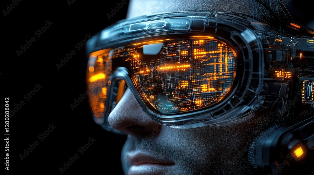 Aufkleber Close-up of a man wearing futuristic goggles with an illuminated circuit board reflection.