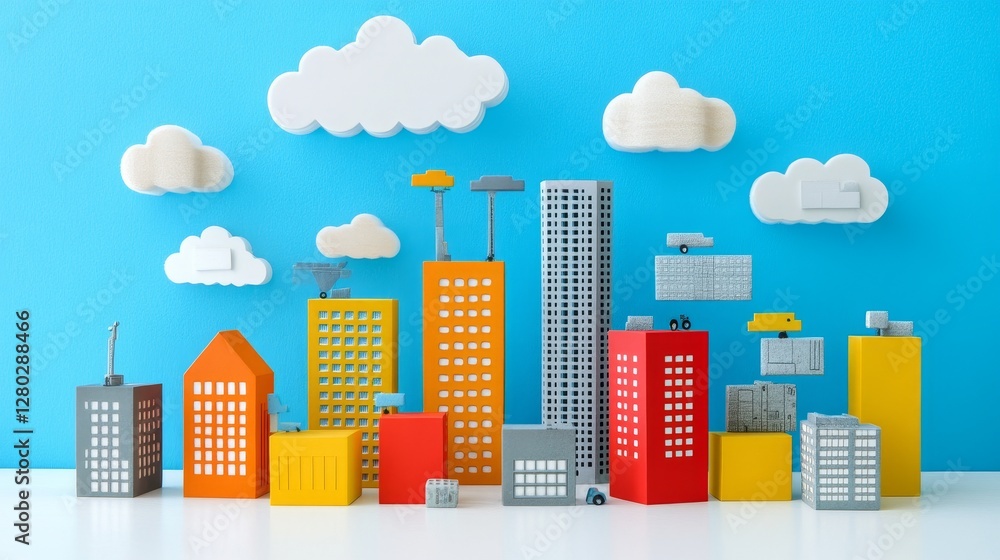 Poster colorful building blocks arranged to look like a city with blue background and white paper clouds mo
