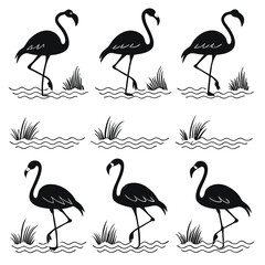 Obraz premium Flamingo Silhouette Vector Art: Black & White Flamingo Illustration Set for Graphic Design, Tropical Bird Clip Art, Water Birds, Nature Elements