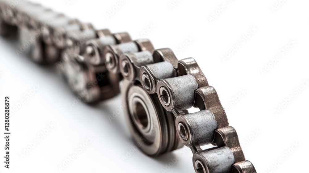Poster close-up of a metallic chain and bearing on white background.