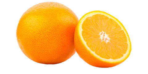 Whole and half orange fruit isolated on a transparent background. Fresh citrus food photography for design and print
