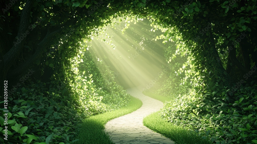 Aufkleber a pathway winding through a dense forest, sunlight filtering through the canopy, creating a mystical