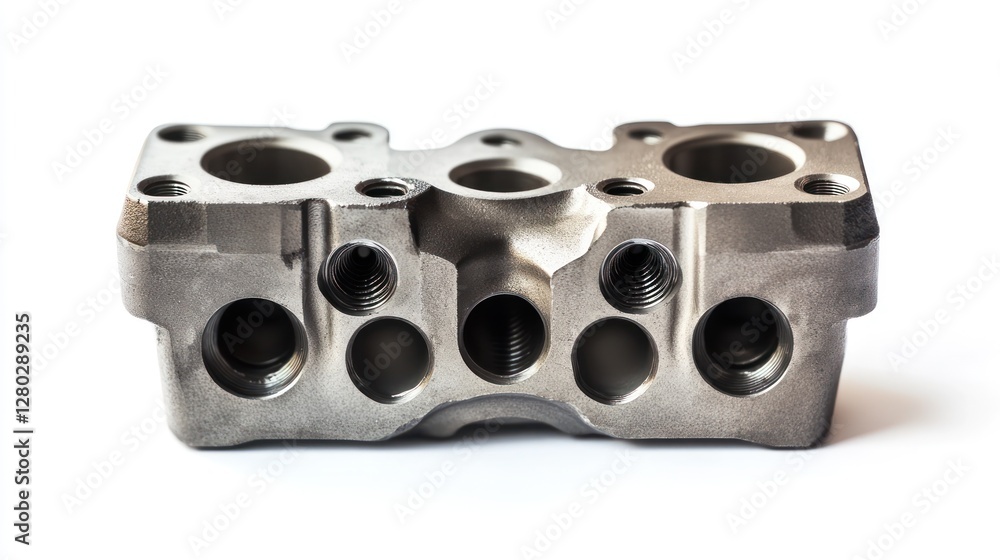 Aufkleber Close-up of a metallic engine component with multiple holes and a textured surface against a white background.