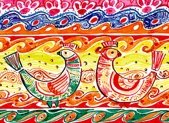 Fototapeta premium Set of two decorative birds. Ornamental background. Social birds filled with ornaments. Red, green, yellow, black outline. Folk style. Placed opposite each other. Look in different directions.