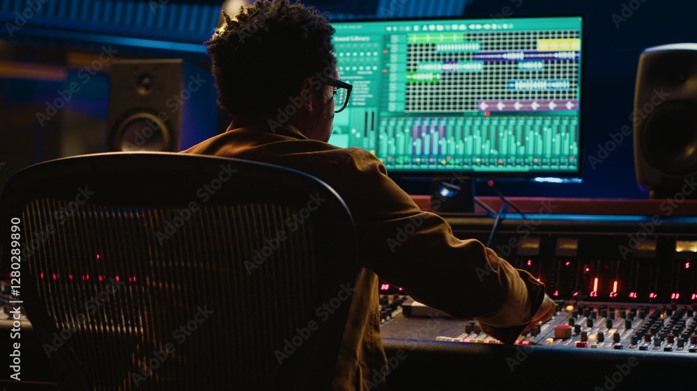 Poster African american sound designer editing audio recordings in control room, working with switchers and faders on mixer console. Music producer creating new tunes and tracks. Camera A.