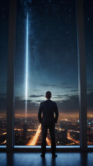 Fototapeta premium Confident young businessman enjoying dark night from office room, hardworking person at late-night 