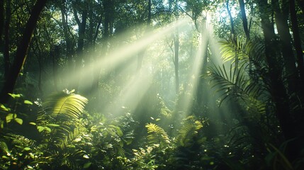 Lush forest with light filtering through trees, conservation message 