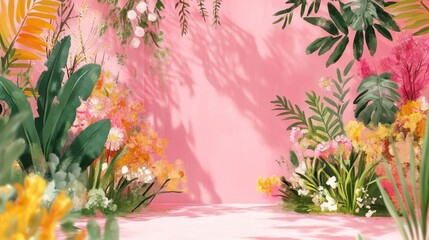Dreamy pink backdrop accentuated by vibrant floral arrangement creates a whimsical stage for product promotion and spring campaign inspiration