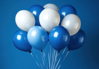 A Colorful Display of Bright Blue and White Balloons Against a Vibrant Blue Background for Celebrations and Events