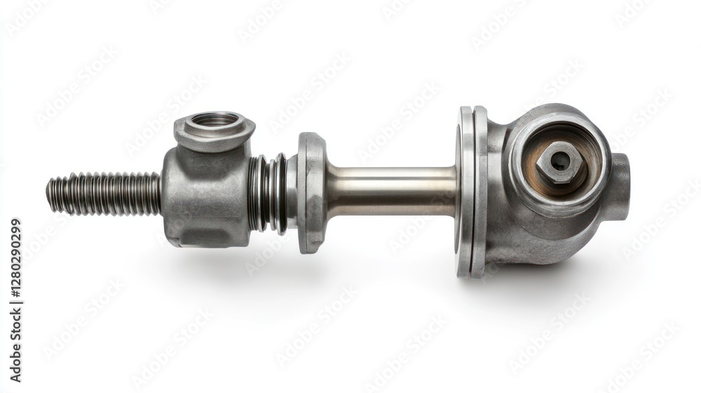 Aufkleber close-up of a metallic industrial component with threaded rod and cylindrical sections.