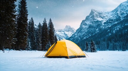 Winter camping tent snowy mountains starry night
