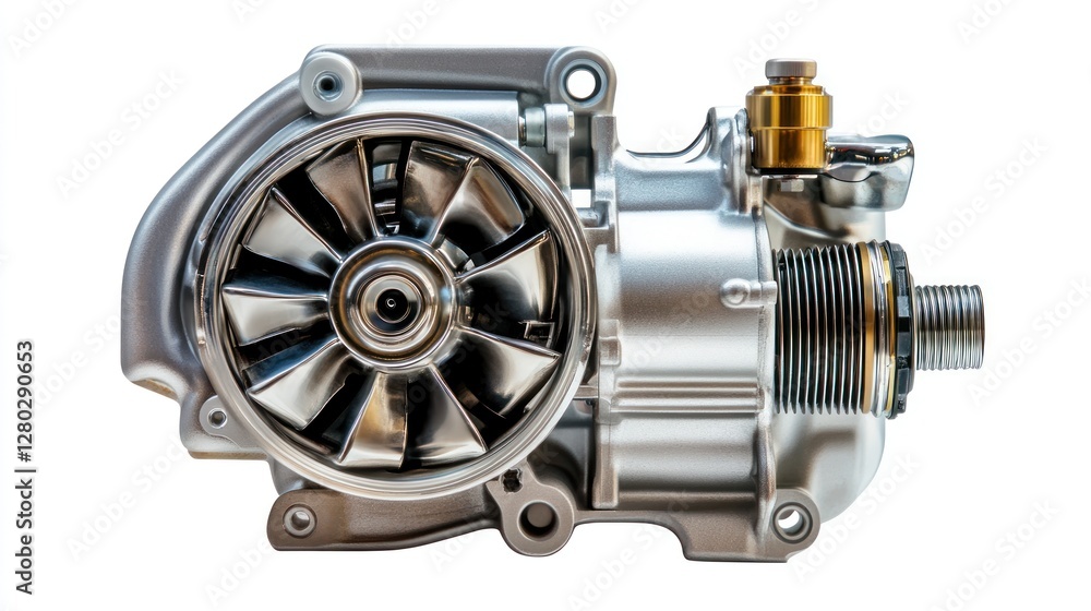 Aufkleber close-up of a metallic, industrial-looking engine component with a visible turbine and intricate det