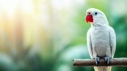 Obraz premium A colorful macaw rests on a wooden perch amidst lush tropical foliage. The bright feathers contrast beautifully with the serene background, evoking a sense of relaxation and adventure in paradise.