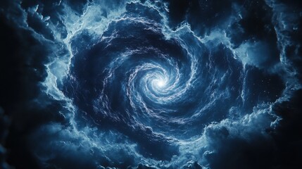 Swirling blue galaxy enveloped in dark clouds captures the wonder of cosmic formations in the universe's vastness