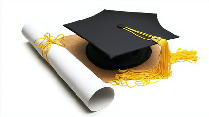 Graduation Cap and Diploma Scroll on Wooden Table with Clean White Background, Centered Composition