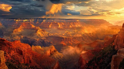 Majestic Grand Canyon Landscape at Sunset with Dramatic Clouds and Warm Lighting Over Rugged Rocky Terrain