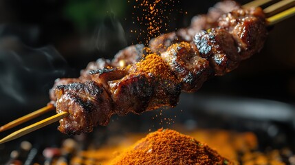 Grilled skewers of marinated meat with spice sprinkle captured during an evening barbecue gathering at a local outdoor festival