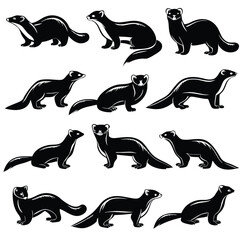 Black Ferret Silhouettes Vector Art: Illustration of Weasel-like Animals in Various Poses, Wildlife Design Elements, Pet Graphics