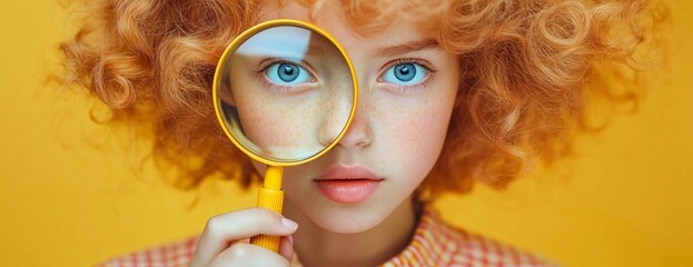 A young girl with blue eyes and a yellow magnifying glass captures a sense of curiosity. Ideal for promoting educational content or children's events.