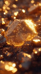 Glittering golden crystals sparkle under sunlight in a natural outdoor setting