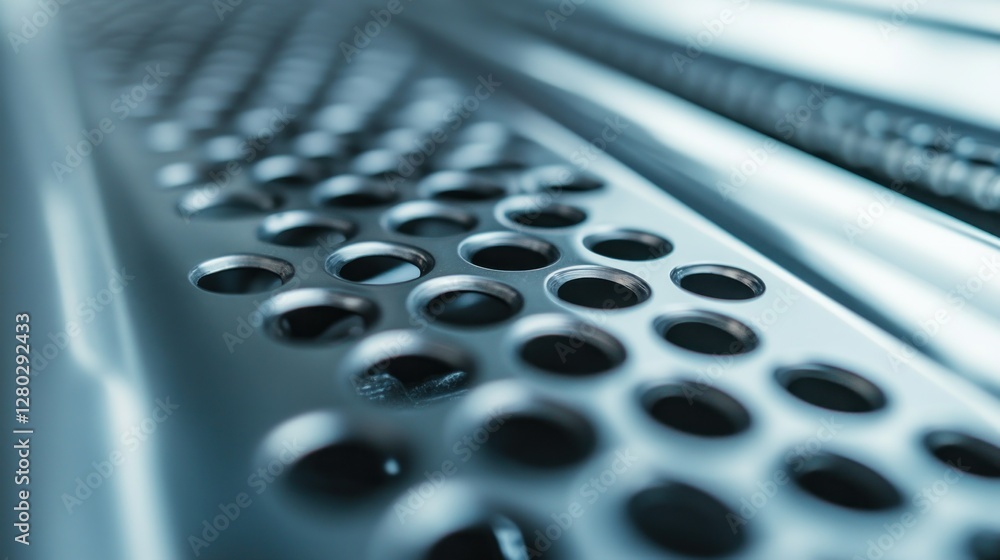 Aufkleber close-up of a perforated metal surface with circular holes, showing texture and depth.